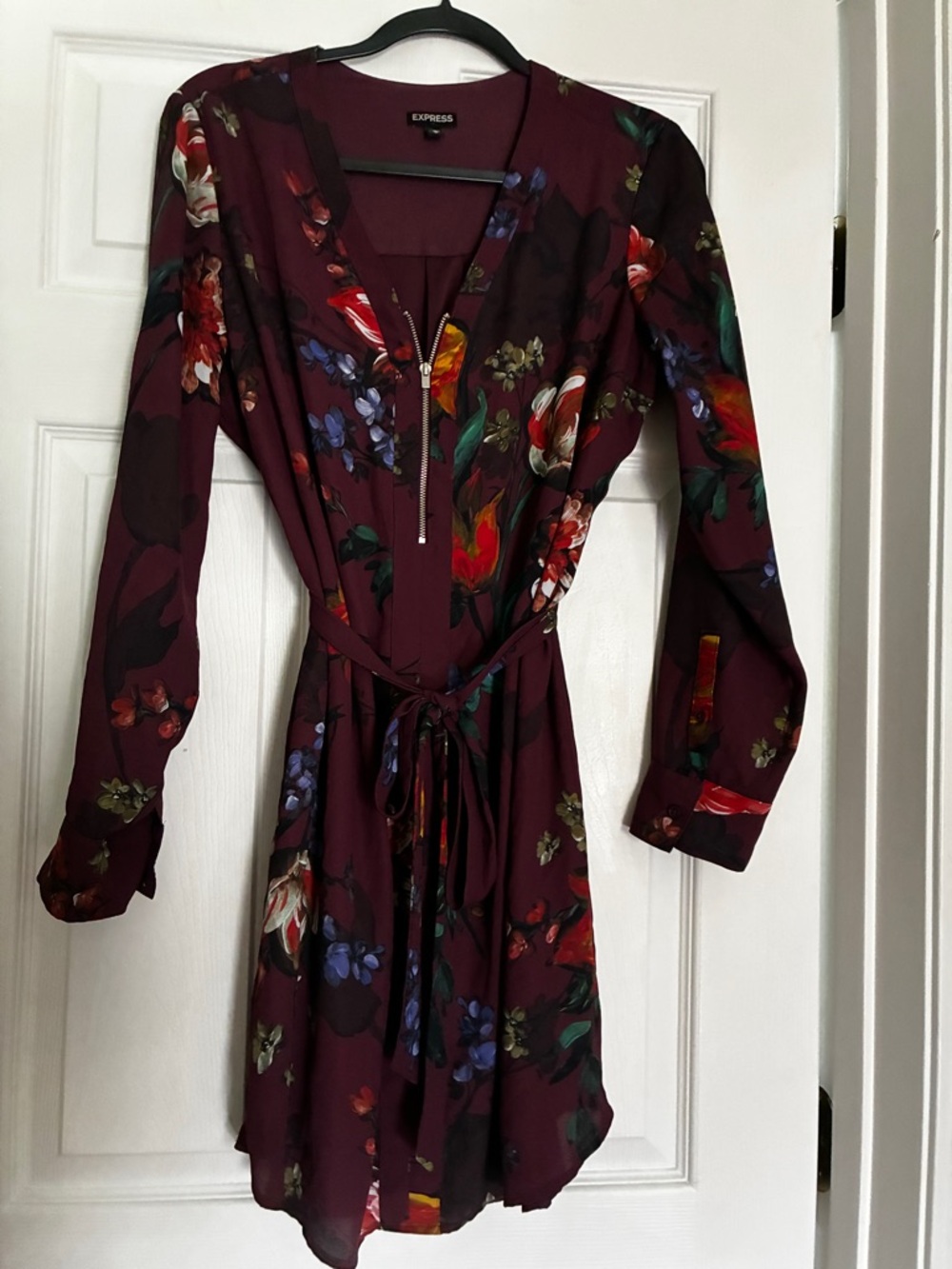 Express Burgundy Floral Zip-Front Long Sleeve Dress